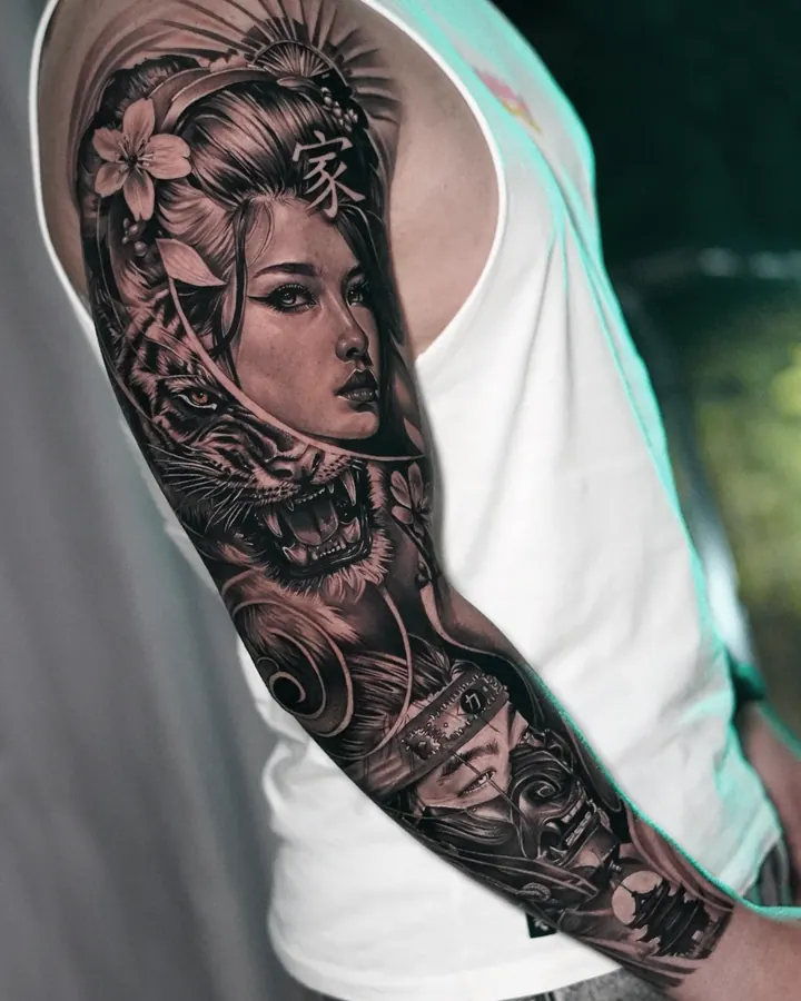 Manga con una geisha, un tigre rugiendo y una pagoda