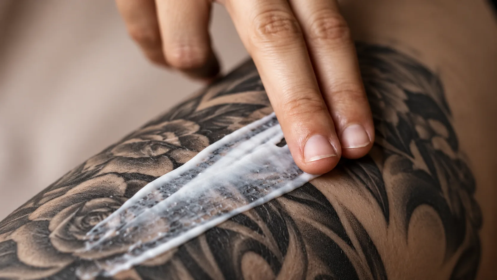 Crema hidratante aplicada sobre un tatuaje black & grey